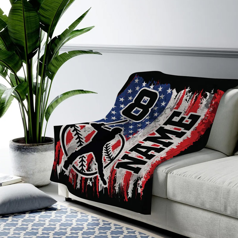 Personalized Baseball Blanket with Custom Name Number and Patriotic Design
