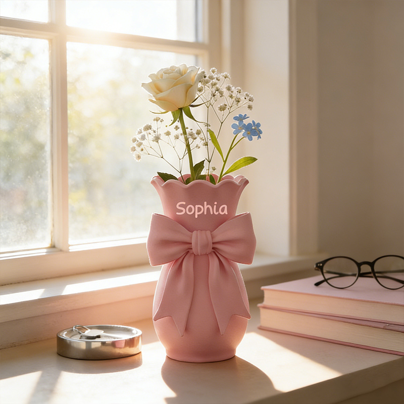 Personalized Vase 3D-Printed Pink Bow Vase Custom Name Home Decor Gift for Her
