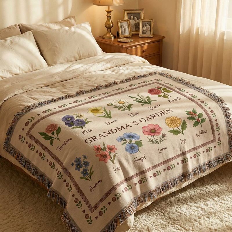 Personalized Retro Birth Flower Grandma's Garden Tassel Soft Throw Blanket with Names and Title Mother's Day Birthday Gift for Grandma Family