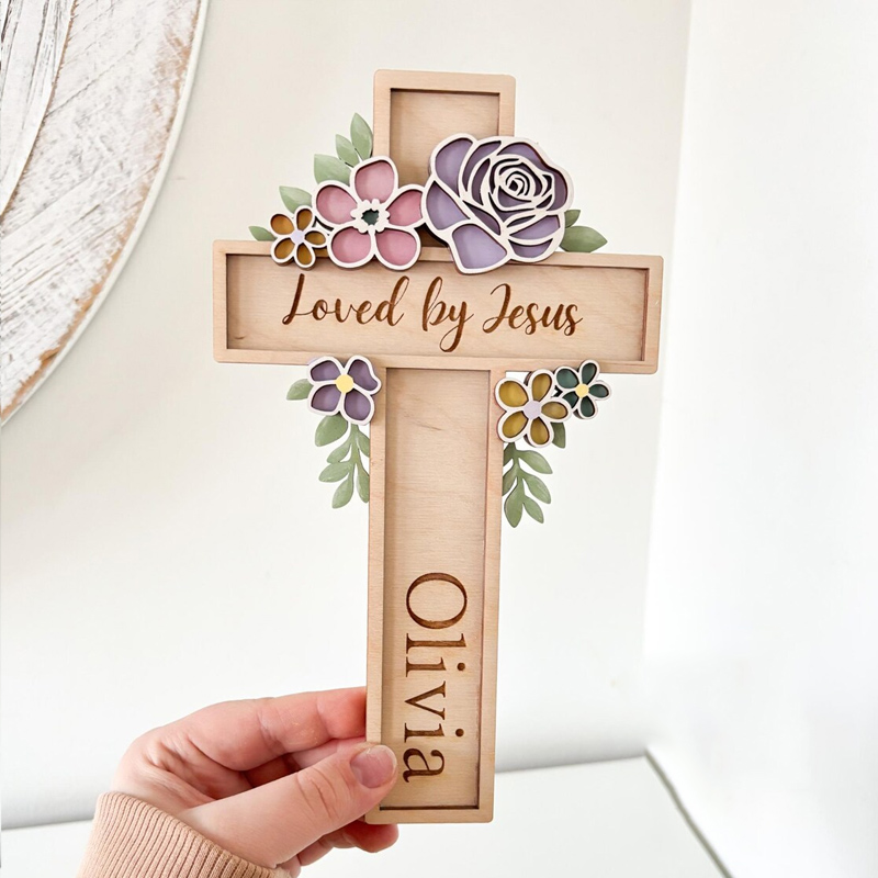 Personalized Floral Cross Christian Decor Wooden Cross Gift for Christian Custom Name