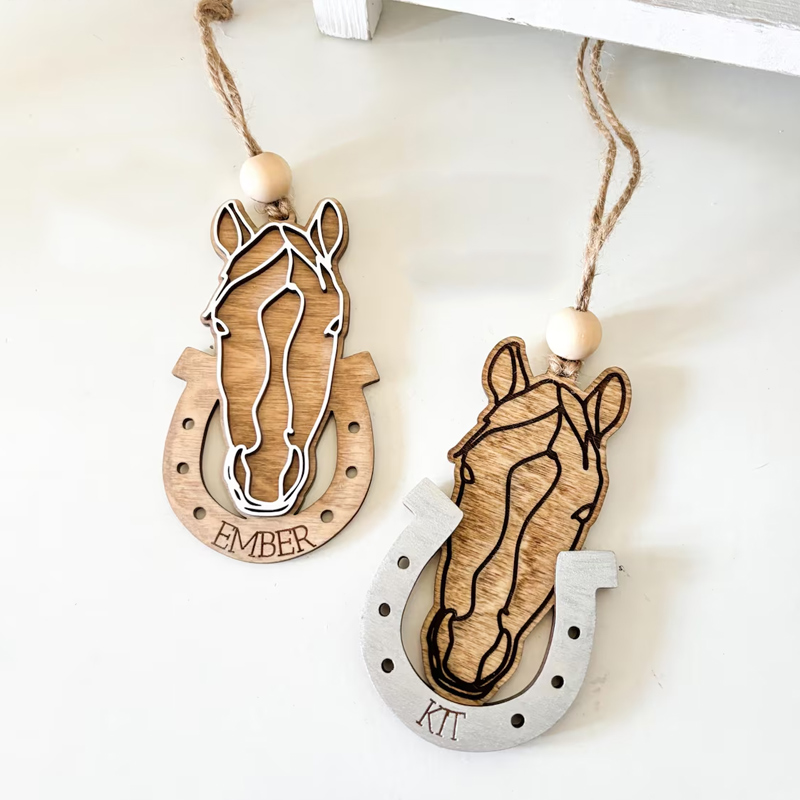 Personalized Horse Wooden Ornament Head and Horseshoe Shaped Wooden Ornament Custom Name Gift for Equestrian Enthusiasts