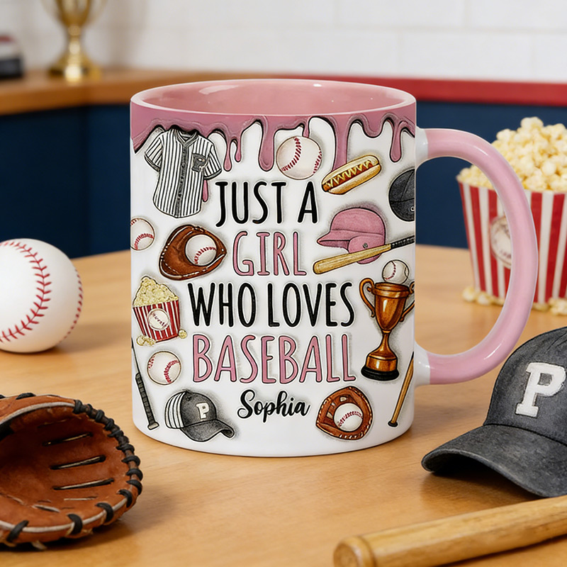 Personalized Baseball Lover’s Mug with "Just a Girl Who Loves Baseball" Design and Custom Name