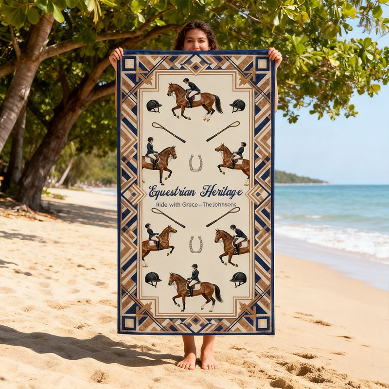 Personalized Elegant Equestrian Beach Towel Equestrian Heritage Custom Name Gift for Traditional Equestrian Enthusiasts