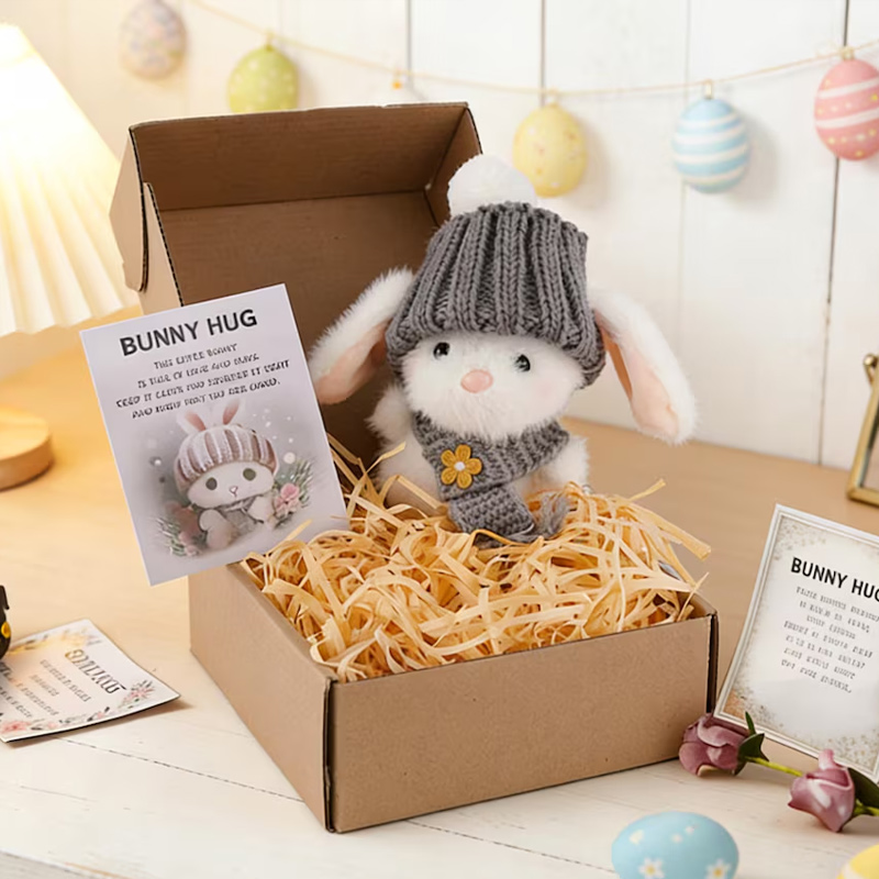 Mini Plush Bunny with Knitted Hat Mini Bunny Easter Gift Box Handmade Crochet Rabbit Plush Easter Gift