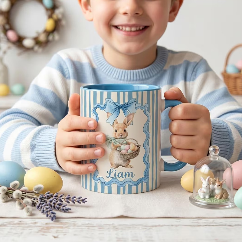 Personalized Cute Easter Egg Bunny 11 oz Accent Mug Custom Name Accent Mug Kids Spring Gift