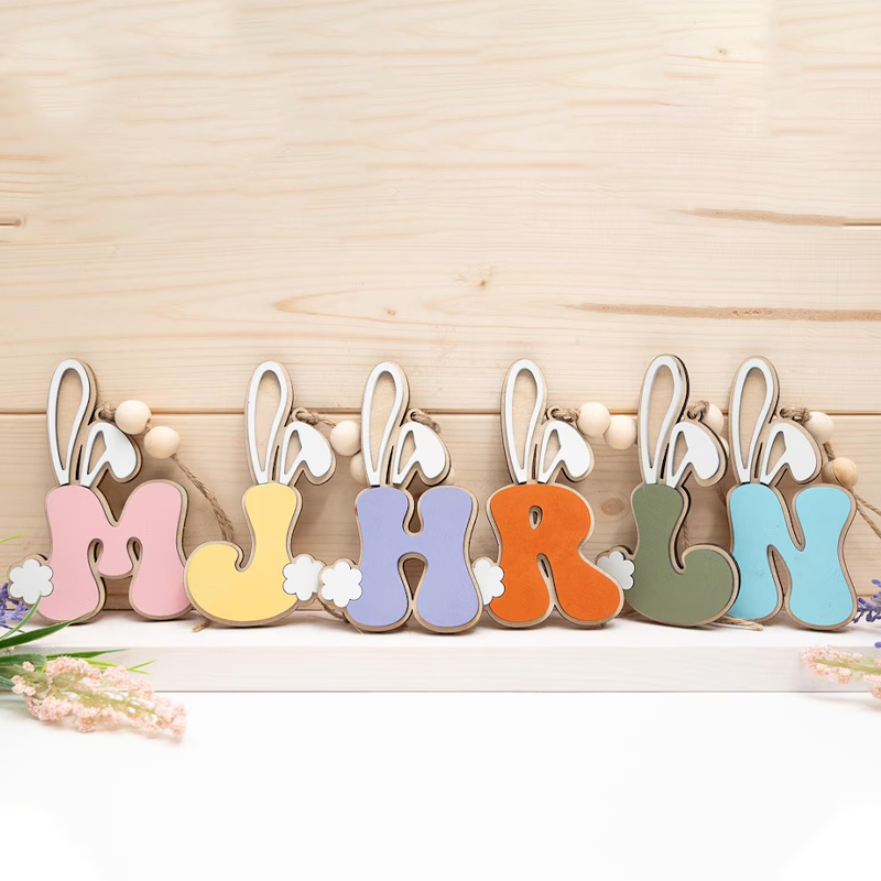 Personalized Bunny Letter Easter Basket Tag Custom Wood Name Tag 