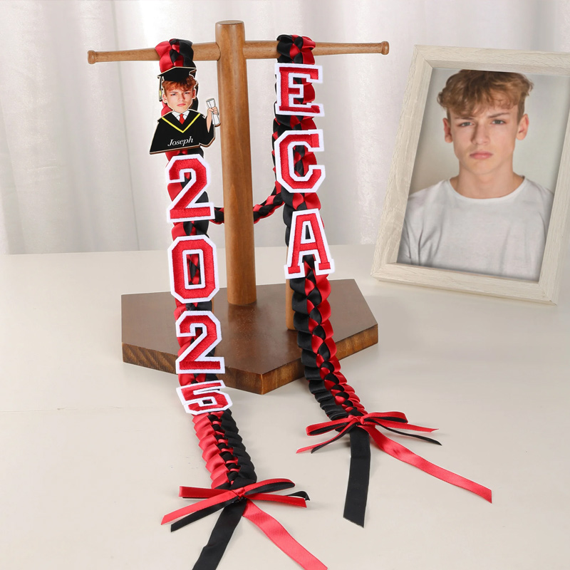 Personalized Cartoon Character Face Photo Bow Two-Colored Braided Ribbon Lei with Name Year and School Graduation Gift for Graduates