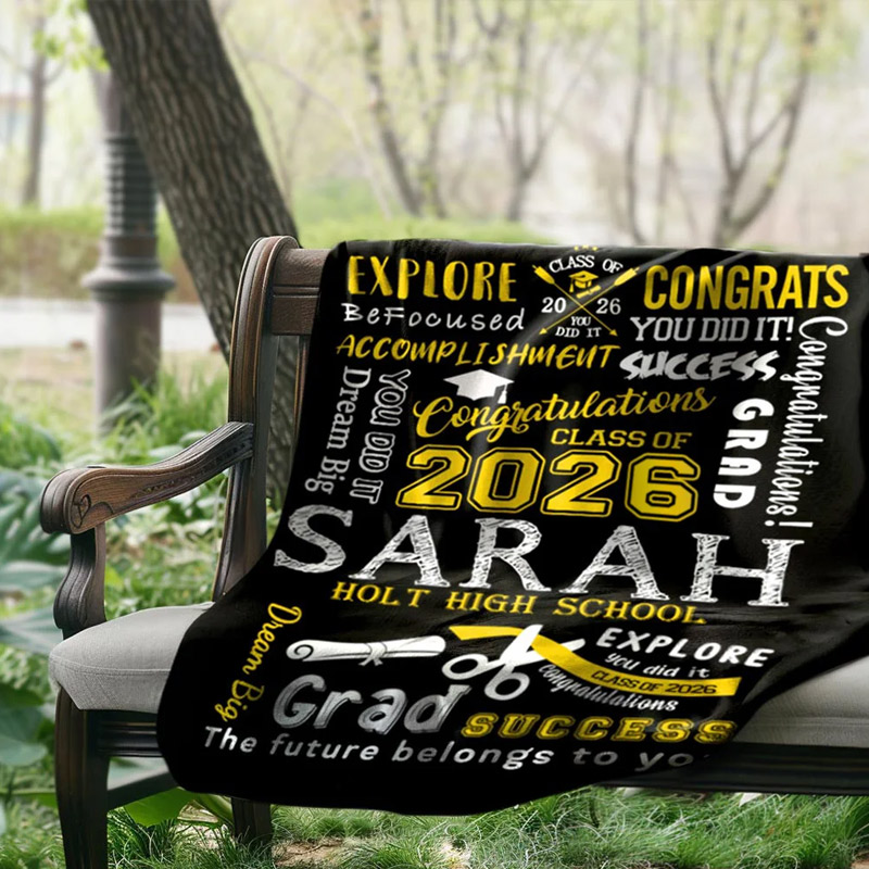 Personalized Graduation Inspiration Multicolor Soft Fleece Name Blanket with Year and School Name Class of 2026 Graduation Gift for Graduate