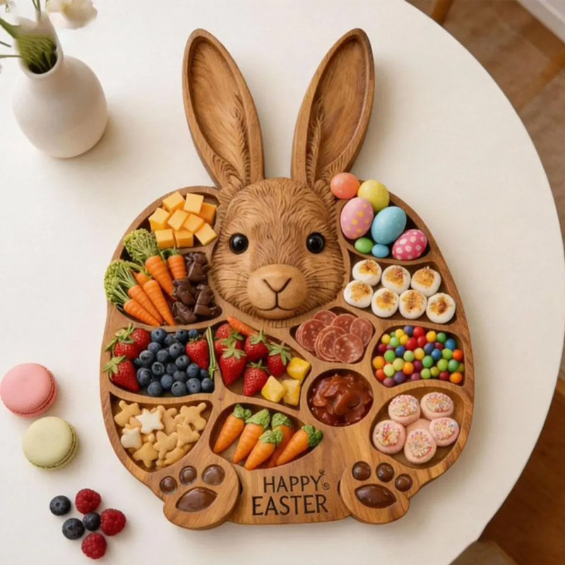 Easter Bunny Wooden Charcuterie Board Cute Rabbit-Shaped Serving Tray with Compartments Handmade Rabbit Serving Tray Easter Gift