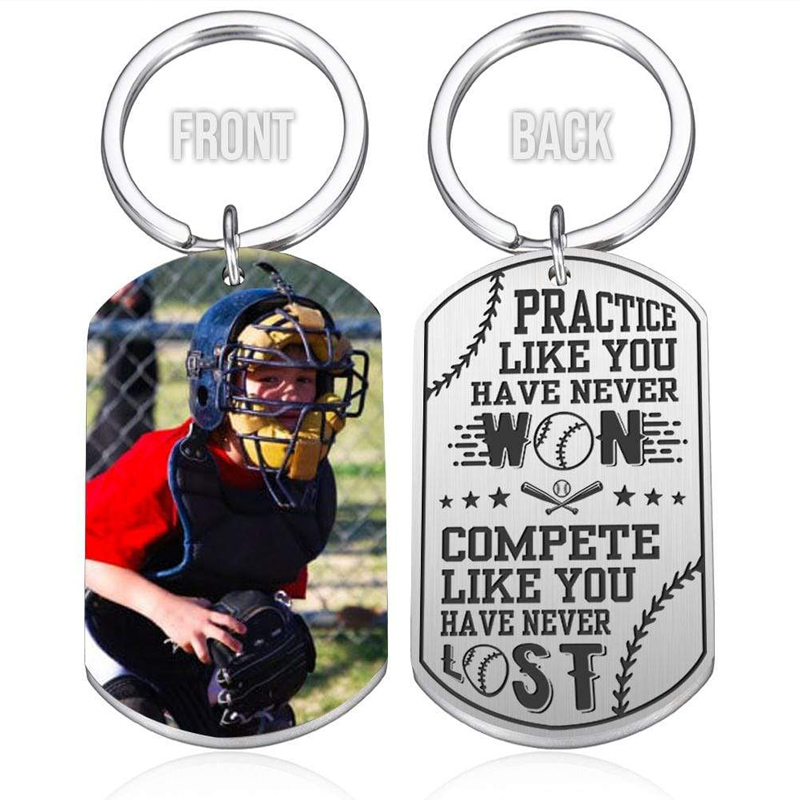 Personalized Photo Keychain with Inspirational "Practice and Compete" Quote 