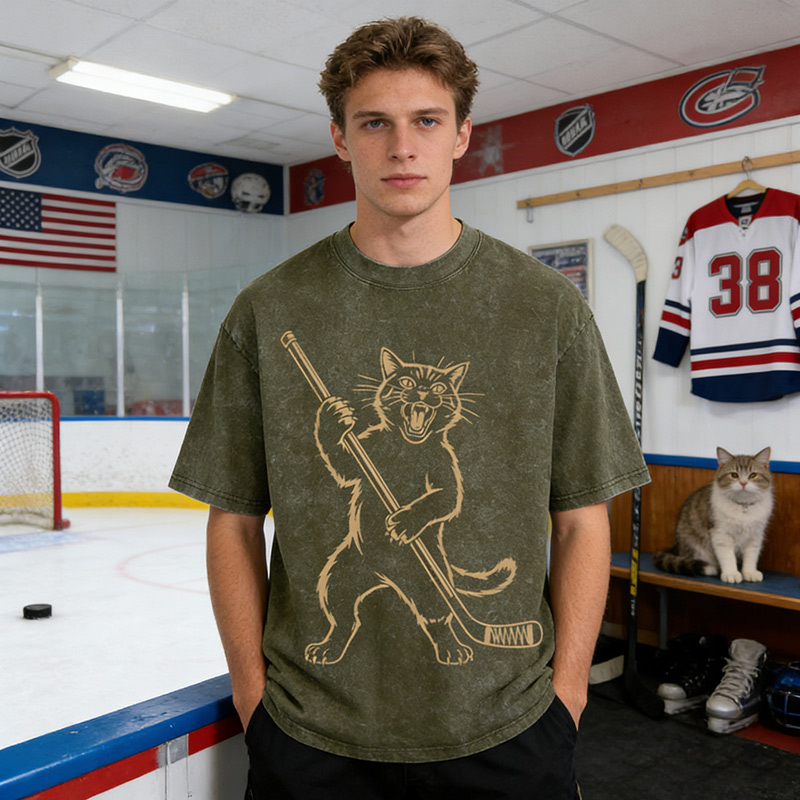 Personalized Cat Hockey Stick Washed T-Shirt Cat Playing Ice Hockey Gift for Hockey Lovers
