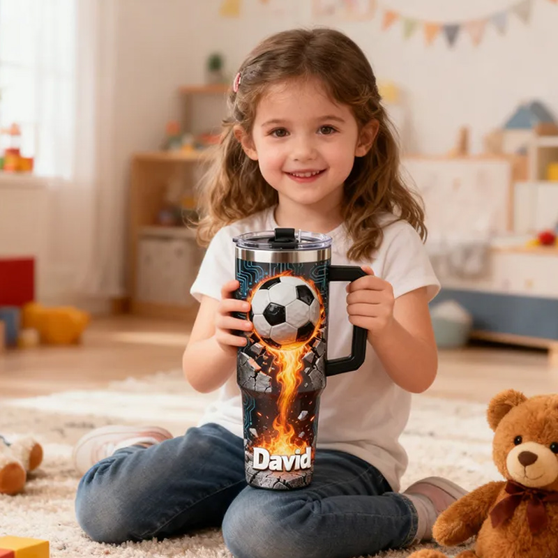Personalized Soccer Tumbler with Custom Name and Flaming Ball Design for Fans and Athletes