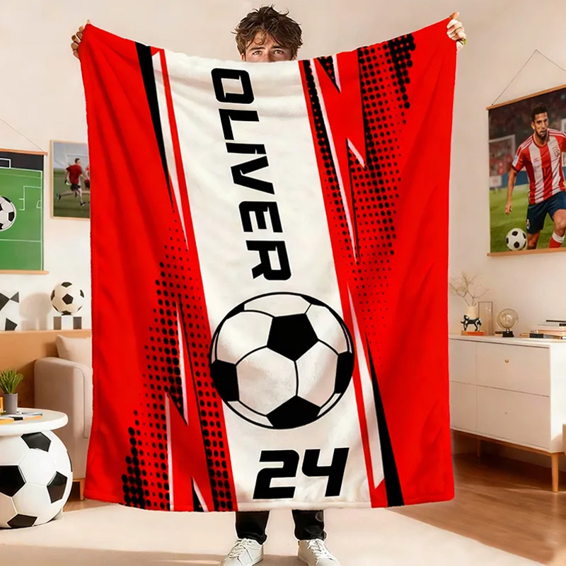Personalized Soccer Blanket with Custom Name and Jersey Number for Soccer Fans. 