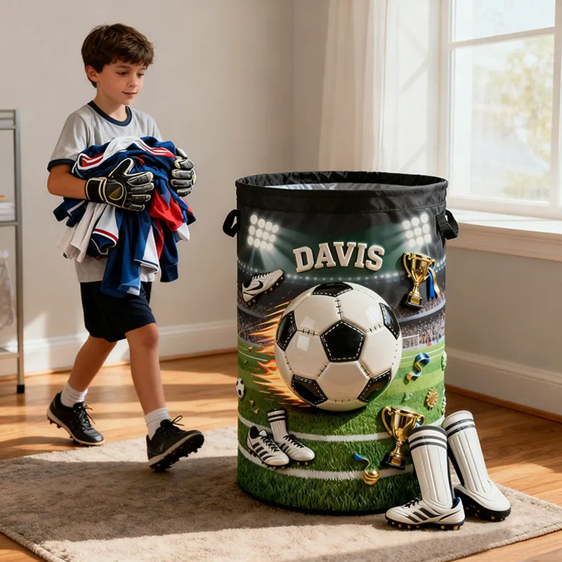 Personalized Soccer Storage Basket with Custom Name and Trophy Design for Kids and Soccer Fans