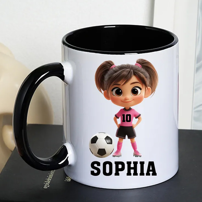Personalized Soccer Mug with Custom Name and Cartoon Character Design