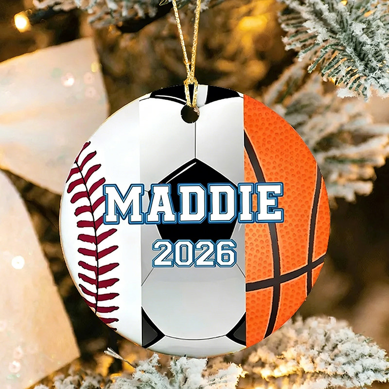 Personalized Baseball,Soccer and Basketball Design Ceramic Christmas Ornament with Custom Name and Year  
