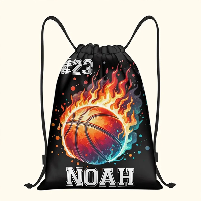 Personalized Sports Drawstring Bag with Flaming Basketball Soccer Volleyball and Baseball Designs Custom Name and Number Backpack