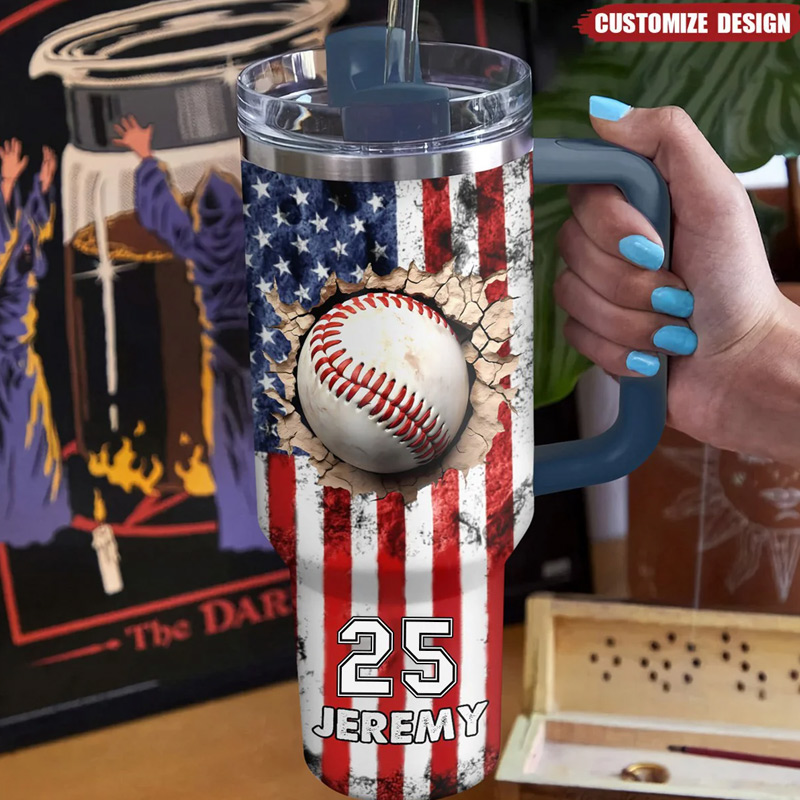 Personalized Baseball Tumbler with Custom Name, Number, and American Flag Design