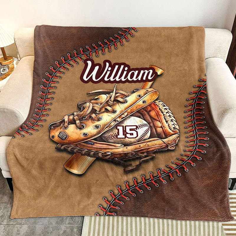 Personalized Baseball Glove Blanket with 3D Stitching Design and Custom Name 