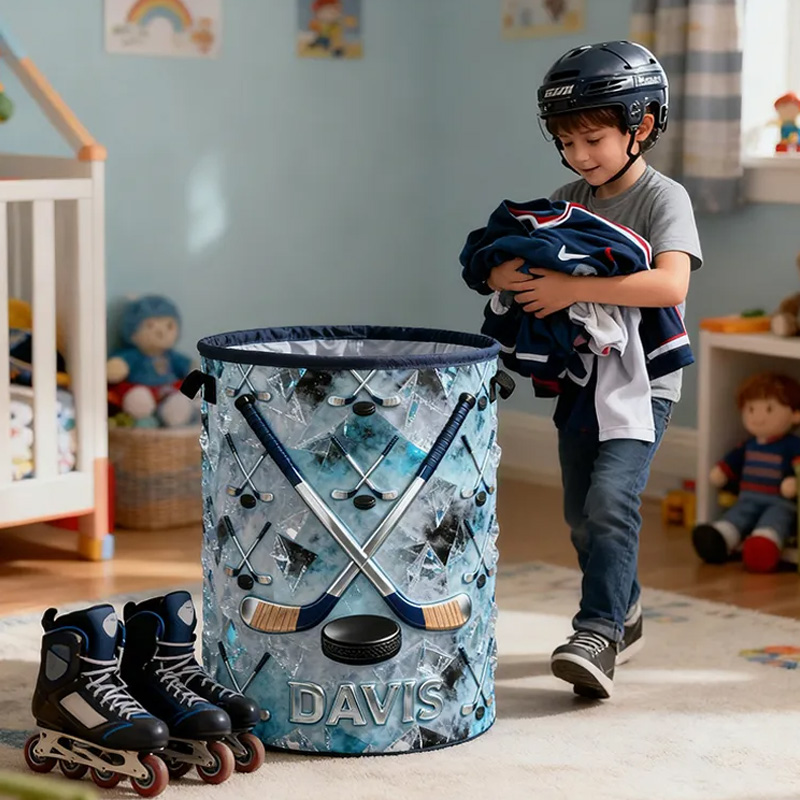 Personalized Ice Hockey Storage Basket with Custom Name and Crossed Sticks Design for Fans and Athletes