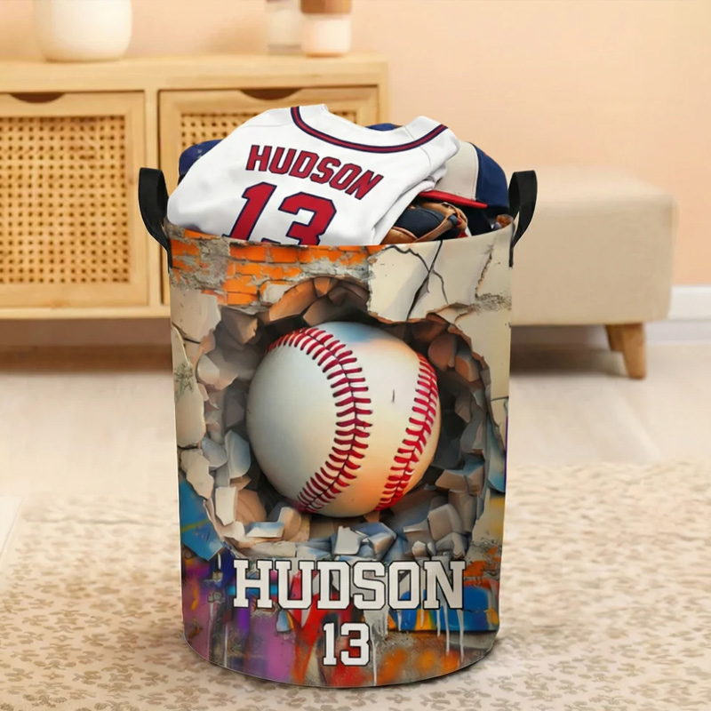 Personalized Sports Ball Design Waterproof Storage Laundry Basket with Handle and Number Name Birthday Housewarming Gift for Ball Sports Lovers
