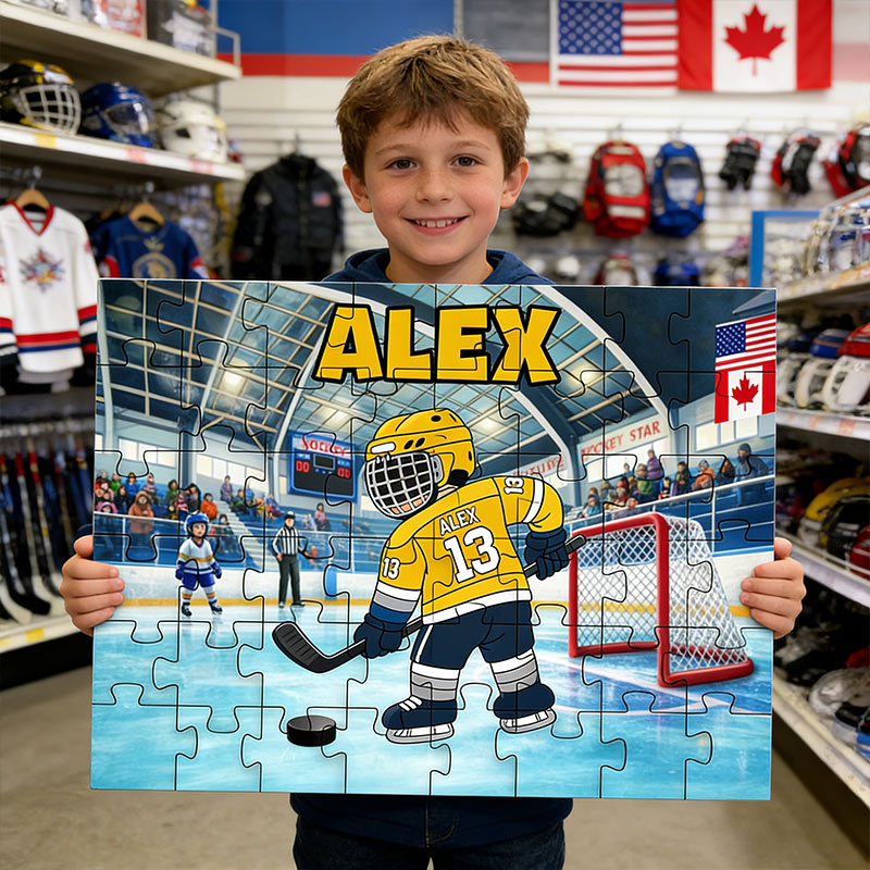 Personalized Hockey Puzzle Adorable Ice Hockey Player for Kids with Custom Jersey Name and Number