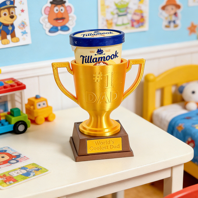 Personalized Champs Trophy Ice Cream Pint Holder Sports Golden Trophy with Custom Text and Number Gift for Dad