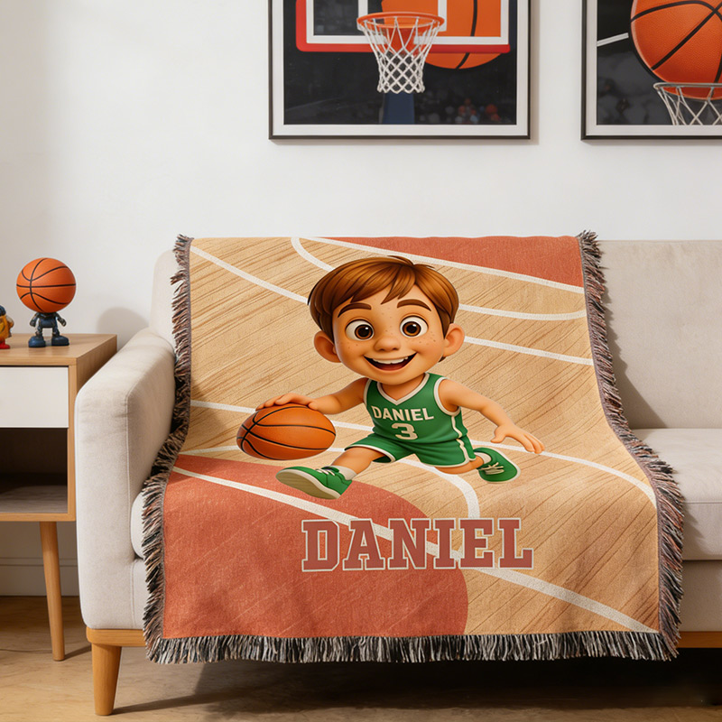 Personalized Basketball Woven Blanket Custom Photo Name and Number for Basketball Fans