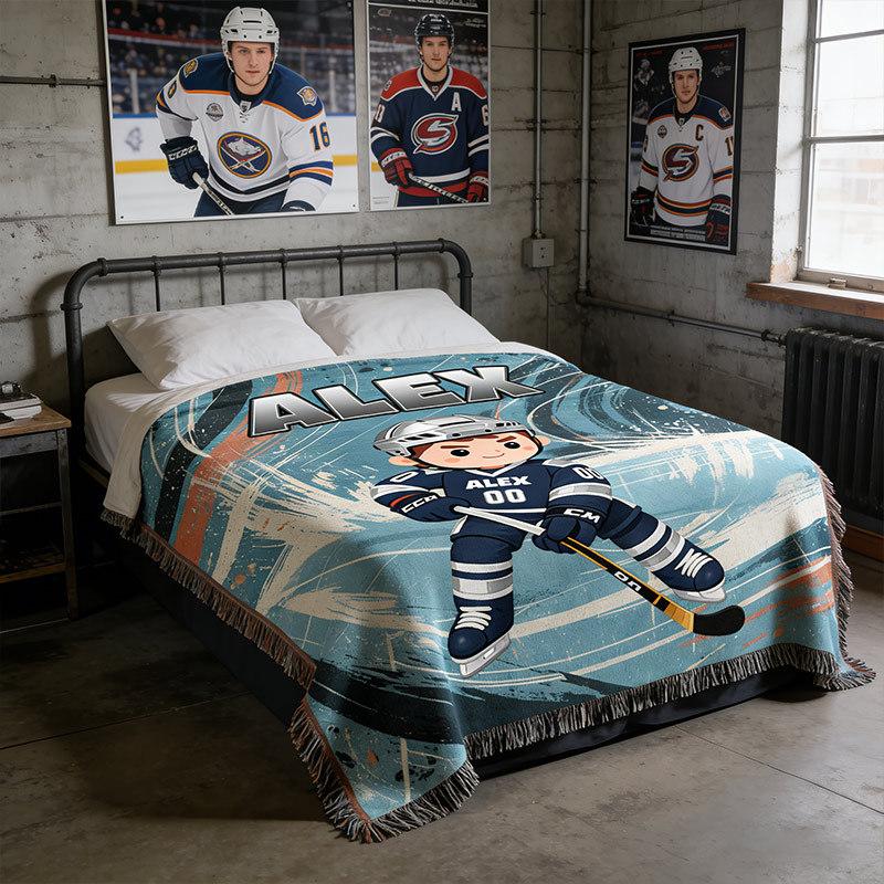 Personalized Hockey Woven Blanket Ice Hockey Player with Custom Name and Number Perfect Gift for Hockey Enthusiasts