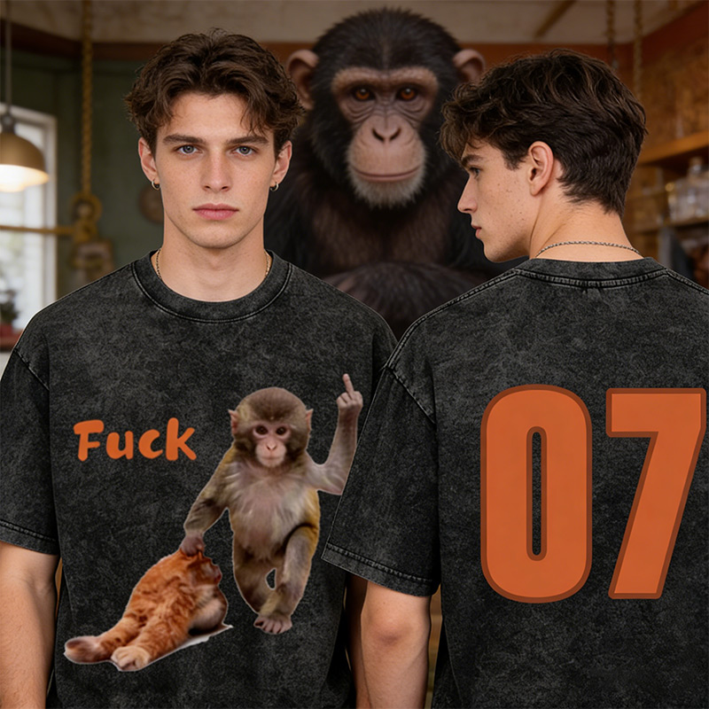 Personalized Punch-kun Monkey Meme Graphic Washed T-Shirt Customization Number