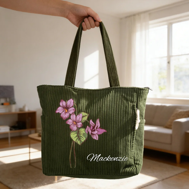 Personalized Birth Flower Corduroy Large Capacity Tote Bag with Name Daily Use Birthday Gift for Women