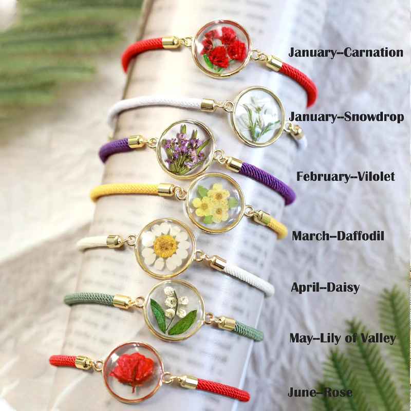 Personalised Birth Month Flower Bracelet Birthday Gift Pressed Flower Adjustable Bracelet Forgetme Bracelet