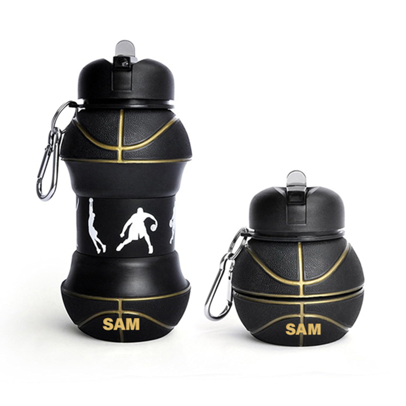 Personalized Foldable Basketball Water Cup Silicone Black Golden Basketball Sports Water Bottle Custom Name Gift for Basketball Lovers