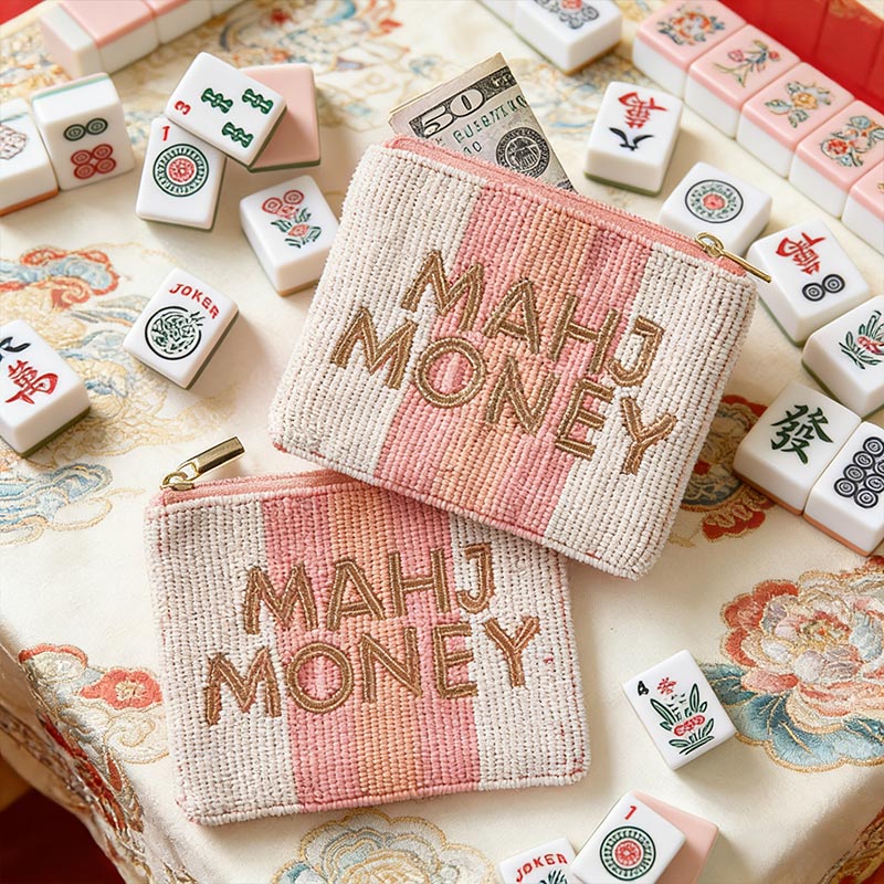 Personalized Pink and White Stripes Mahj Money Mahjong Coin Purse Rice Bead Coin Purse Cash Coin Purse