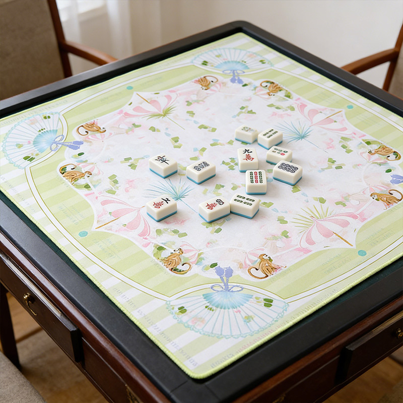 Personalized Green Monkey Fan Mahjong Mat Custom Name Mat Luxury Floral Game Board for Mah jongg Lovers