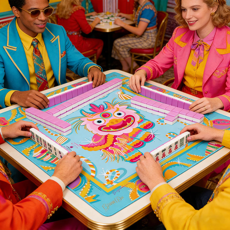 Pink Lion Dance Mahjong Mat Cute Lion Mat for Mah jongg Lovers