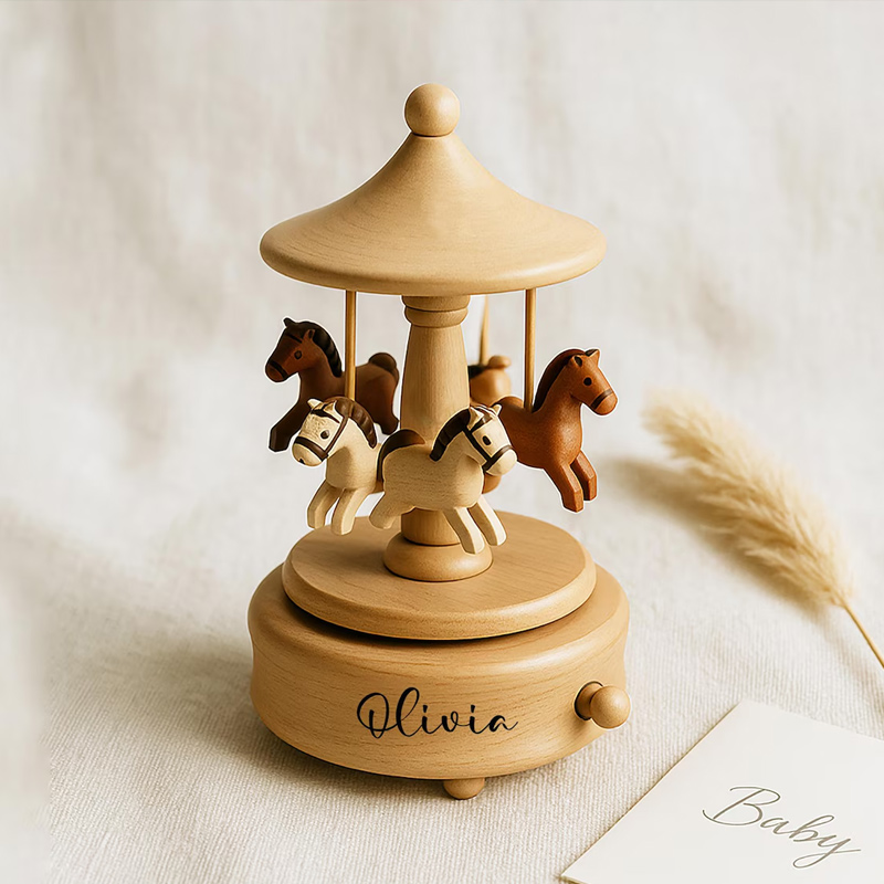 Personalized Wooden Carousel Music Box Newborn Baby Keepsake Mother's Day Gift