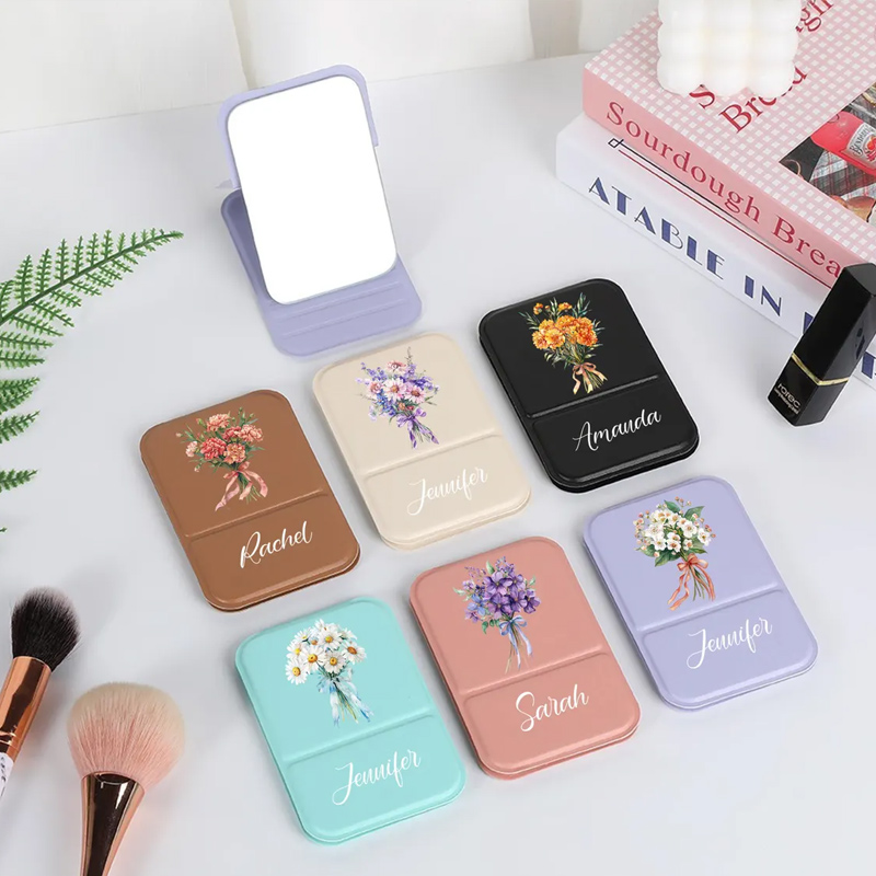 Personalized Square Makeup Mirror Pocket Mirror with Custom Name and Flowers Mother's Day Gift for Her