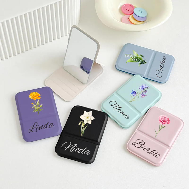 Personalized Square Makeup Mirror Pocket Mirror with Custom Birth Flower and Name Mother's Day Gift