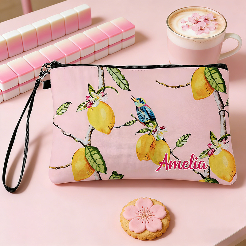 Personalized Mahjong Name Linen Handbag Pink Bird and Lemon with Zipper and Wrist Strap Gift for Mahjong Lovers