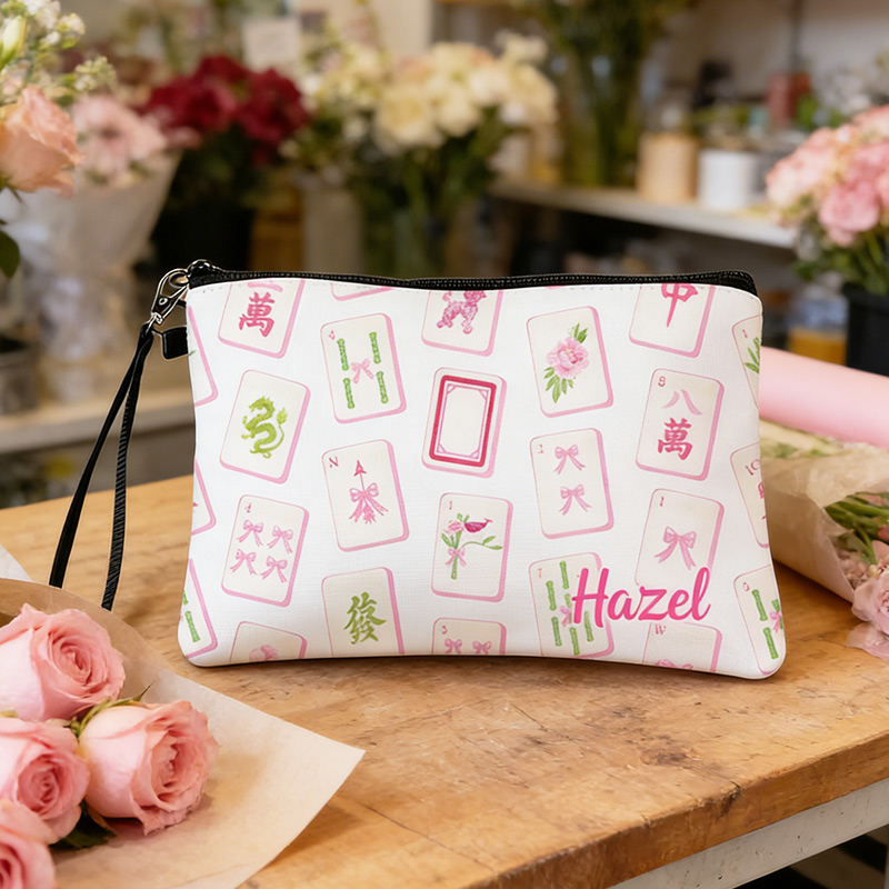 Personalized Mahjong Name Linen Handbag Pink Bow with Zipper and Wrist Strap Gift for Mahjong Lovers