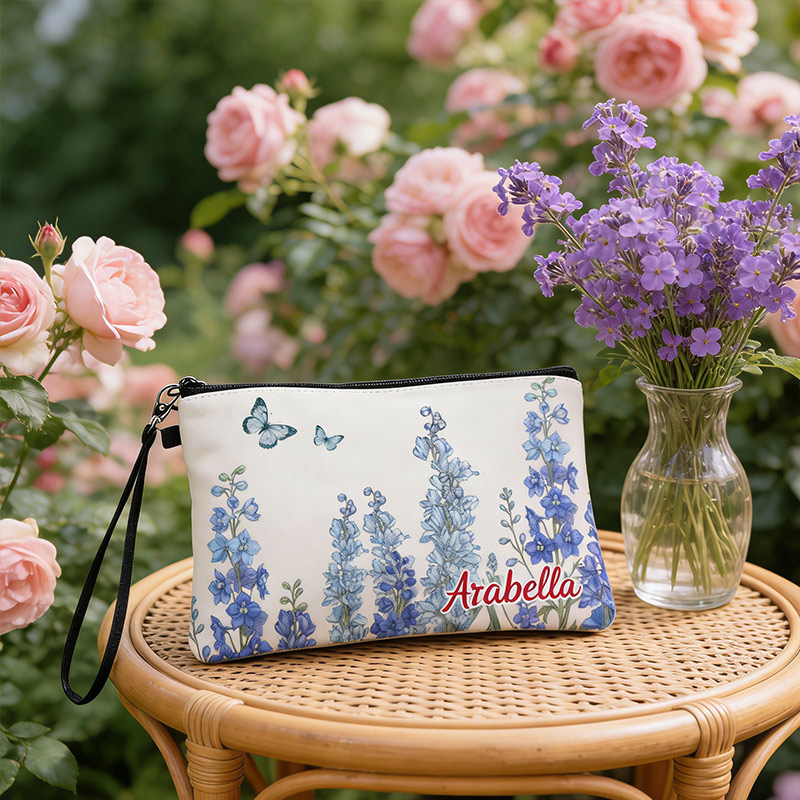 Personalized Name Linen Handbag Mother's Day Birthday Flowers with Zipper and Wrist Strap Gift for Mom