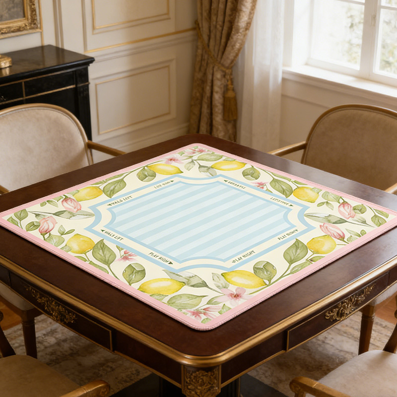 Lemon Blossoms and Blue Stripes Mahjong Mat Non-Slip Neoprene Game Mat for Mahjong Lovers
