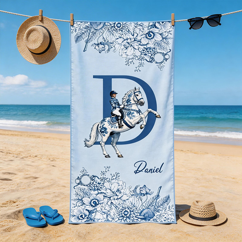 Personalized Equestrian Beach Towel Custom Name Monogram Horse Riding Gift Blue Floral Coastal Towel for Kids & Adults