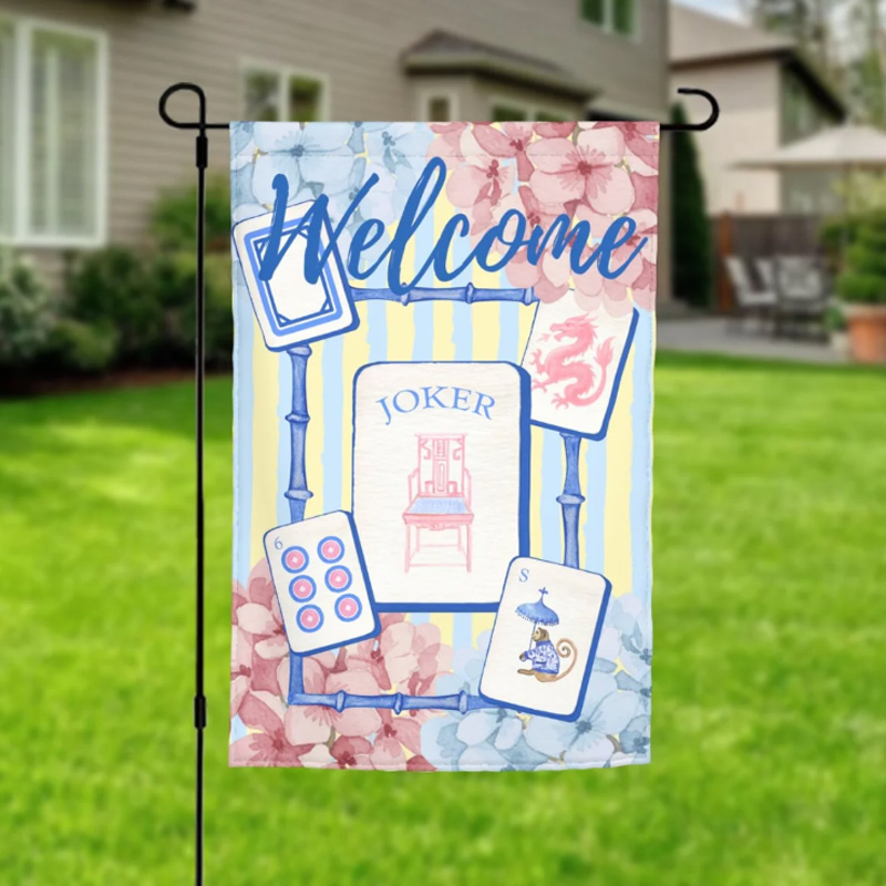 Mahjong Tile Welcome Garden Flag Floral Bamboo Game Yard Decor