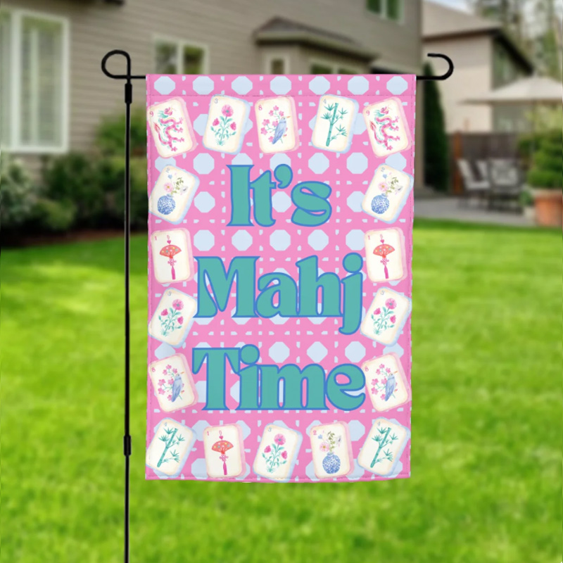 Pink Polka Dot Mahjong Garden Flag "It's Mahj Time" Floral Banner