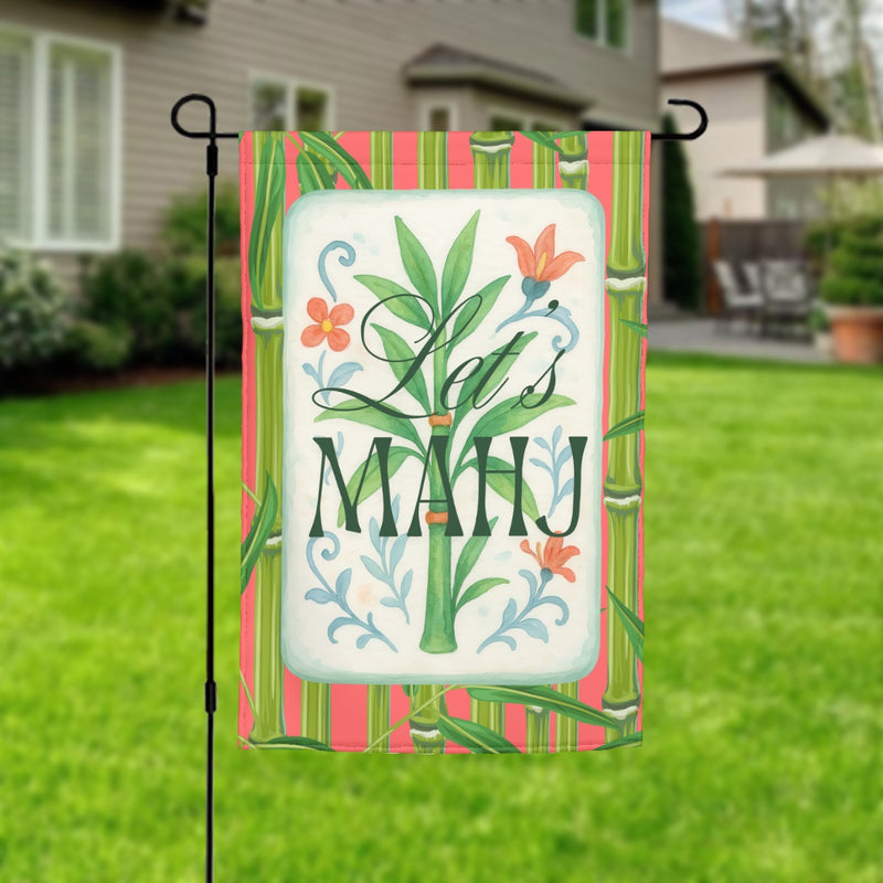 Vintage Bamboo & Floral Mahjong Welcome Flag Red Striped Garden Banner
