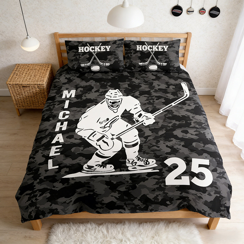 Personalized Hockey Player Bedding Set with Custom Name and Number Hockey Lovers Gift for Him