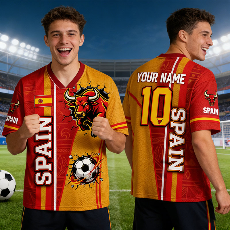 Personalized Spain Fan Mesh Jeresy Shirt Custom Name Number Soccer T Shirt Bull Supporter Gift