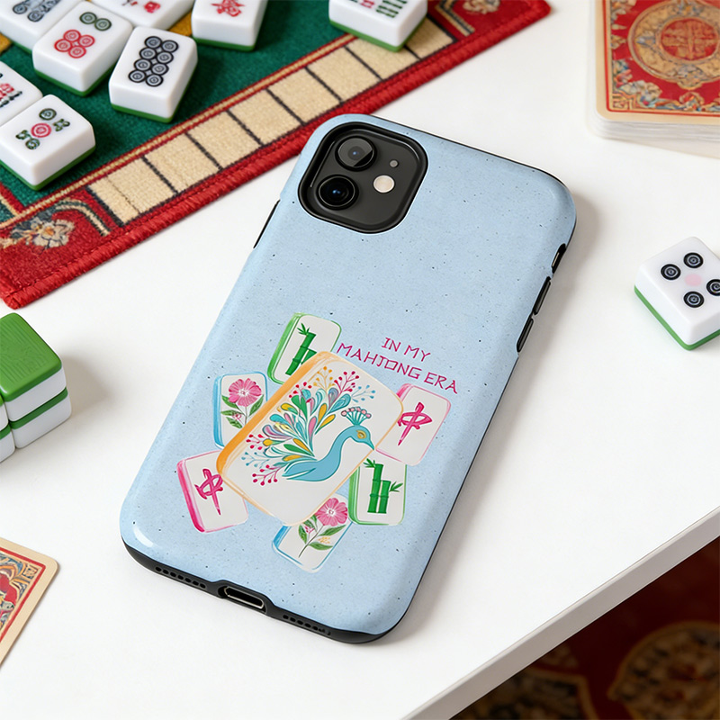 Mahjong Phone Case In My Mahjong Era Cute Peacock Floral Mahjong Tile Design for Mahjong Lovers